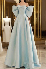 Simple A Line Off The Shoulder Blue Satin Long Evening Prom Dress