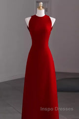 Simple A Line Red Floor Length Open Back Evening Prom Dress