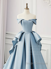 Simple A-Line Satin Blue Long Evening Prom Dress, Blue Satin Long Formal Dress