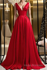Simple A Line V Neck and V Back Red Satin Long Evening Prom Dress, Cheap V Neck Red Formal Graduation Evening Dress