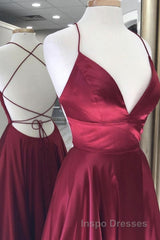Simple A Line V Neck Backless Burgundy Long Evening Prom Dress, Backless Burgundy Formal Graduation Evening Dress