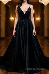 Simple A Line V Neck Black Satin Long Evening Prom Dress, Black Formal Dress, Evening Dress 2019