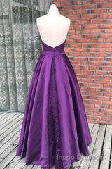 Simple Backless Purple Satin Long Evening Prom Dress, Backless Purple Formal Dress, Purple Evening Dress