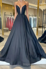 Simple black satin long Evening Prom Dress, black evening Dress