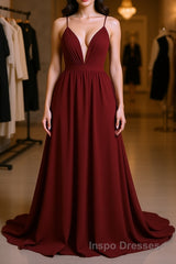 Simple burgundy chiffon long Evening Prom Dress burgundy formal Dress