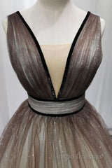 Simple Coffee tulle sequin long Evening Prom Dress coffee evening Dress