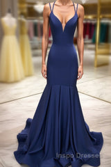 Simple dark blue satin long Evening Prom Dress blue evening Dress