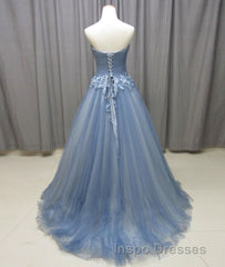 Simple gray blue tulle lace applique long Evening Prom Dress, tulle evening Dress