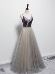 Simple gray v neck tulle long Evening Prom Dress, gray tulle formal Dress