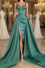 Simple Long A-Line Sweetheart Satin Evening Prom Dress With Slit