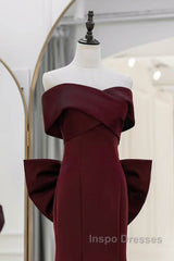 Simple Mermaid Satin Burgundy Long Evening Prom Dress, Burgundy Long Formal Dress