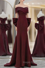 Simple Mermaid Satin Burgundy Long Evening Prom Dress, Burgundy Long Formal Dress