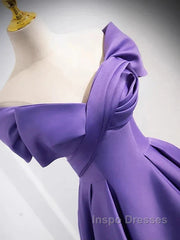 Simple Off Shoulder Satin Purple Long Evening Prom Dress Court Train Dress Evening Dress