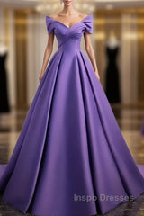 Simple Off Shoulder Satin Purple Long Evening Prom Dress Court Train Dress Evening Dress