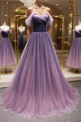 Simple off shoulder tulle long Evening Prom Dress, tulle formal Dress