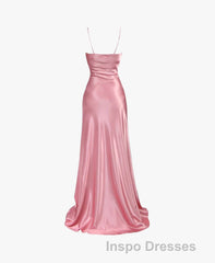 Simple Pink Spaghetti Straps Long Evening Prom Dress with Split