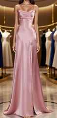 Simple Pink Spaghetti Straps Long Evening Prom Dress with Split