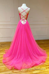 Simple pink v neck tulle long Evening Prom Dress pink formal Dress