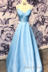 Simple sweetheart blue satin long Evening Prom Dress, blue evening Dress