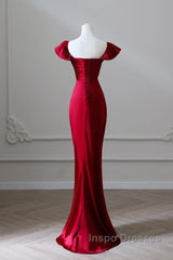 Simple Sweetheart Neck Satin Burgundy Long Evening Prom Dress, Burgundy Long Formal Dress