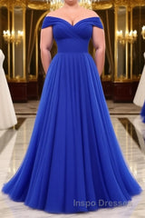 Simple sweetheart tulle blue long Evening Prom Dress, blue evening Dress