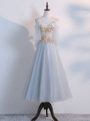 Simple Tulle Lace Gray Blue Prom Dresses, Tea Length Lace Bridesmaid Dresses