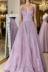 Simple v neck A-line long Evening Prom Dress sequin evening Dress