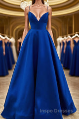 Simple V Neck Backless Royal Blue Satin Long Evening Prom Dress, Royal Blue Backless Formal Dress, Royal Blue Evening Dress, Ball Gown