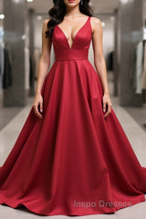 Simple v neck burgundy satin long Evening Prom Dress  burgundy formal Dress