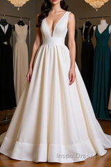 Simple V Neck Ivory Satin Long Evening Prom Dress, Open Back Ivory Formal Evening Dress, Ivory Wedding Dress