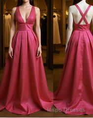Simple V Neck Pleated Satin Long Evening Prom Dress, V Neck Evening Dress, Formal Dress, Graduation Dress