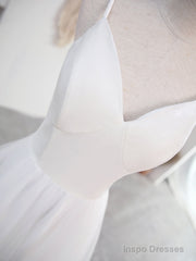 Simple V Neck Tulle Tea Length White Prom Dress, White Bridesmaid Dress