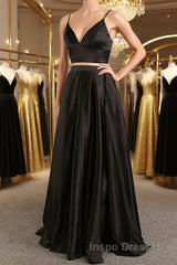 Simple V Neck Two Pieces Black Evening Prom Dress, 2 Pieces Black Long Formal Dress, Black Evening Dress