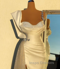 Simple White Long Mermaid Spaghetti Straps Beading Tulle Evening Prom Dress With Slit