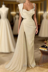 Simple White Long Mermaid Spaghetti Straps Beading Tulle Evening Prom Dress With Slit