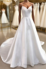 Simple white v neck satin long wedding Dress white bridal Dress