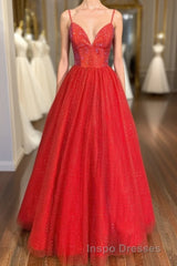 Spaghetti Straps A-line Red Shiny Evening Prom Gown,Long Evening Prom Dress