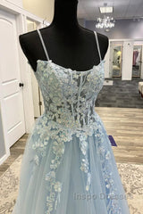 Spaghetti Straps Blue Lace Evening Prom Dress, Blue Lace Long Formal Evening Dress