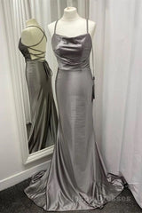 Spaghetti Straps Grey Mermaid Satin Long Evening Prom Dress