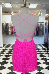 Spaghetti Straps Hot Pink Bodycon Mini Dress,Graduation Dress