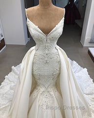 Spaghetti Straps Lace Fit and Flare Wedding Dress Overskirt Appliques Detachable Satin Backless Bridal Gowns