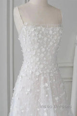 Spaghetti Straps Lace Tulle Floor Length Beads Evening Prom Dress Wedding Dress With Flowers