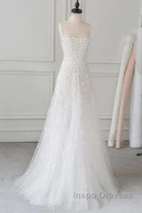 Spaghetti Straps Lace Tulle Floor Length Beads Evening Prom Dress Wedding Dress With Flowers