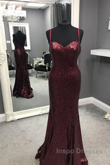 Spaghetti Straps Sweetheart Mermaid Sequins Evening Prom Dress