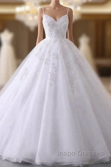 Spaghetti-Straps V-Neck Wedding Dress With Lace Appliques