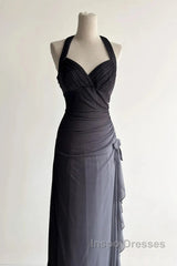 Sparkling Gradient Dark Gray Halter Neck Ruffle Sheath Evening Prom Dress Birthday Dress