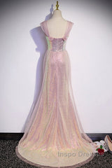 Sparkling Powder Blusher Pink Sequins Off Shoulder Short Sleeve Evening Dress Powder Blusher Pink Trumpet/Mermaid Open Back Zipper Sweep Tail Evening Prom Dress