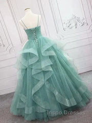 Sparkling Quinceanera Dress V Neck Tulle Long Evening Prom Dress Green Sweet Dress Floor Length