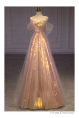 Sparkly Long Pink Off Shoulder Bling Prom Dress
