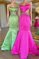 Mermaid Evening Prom Dress Spaghetti Straps Long Evening Prom Dress with Bow
